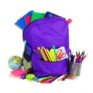 purple backpack with school supplies